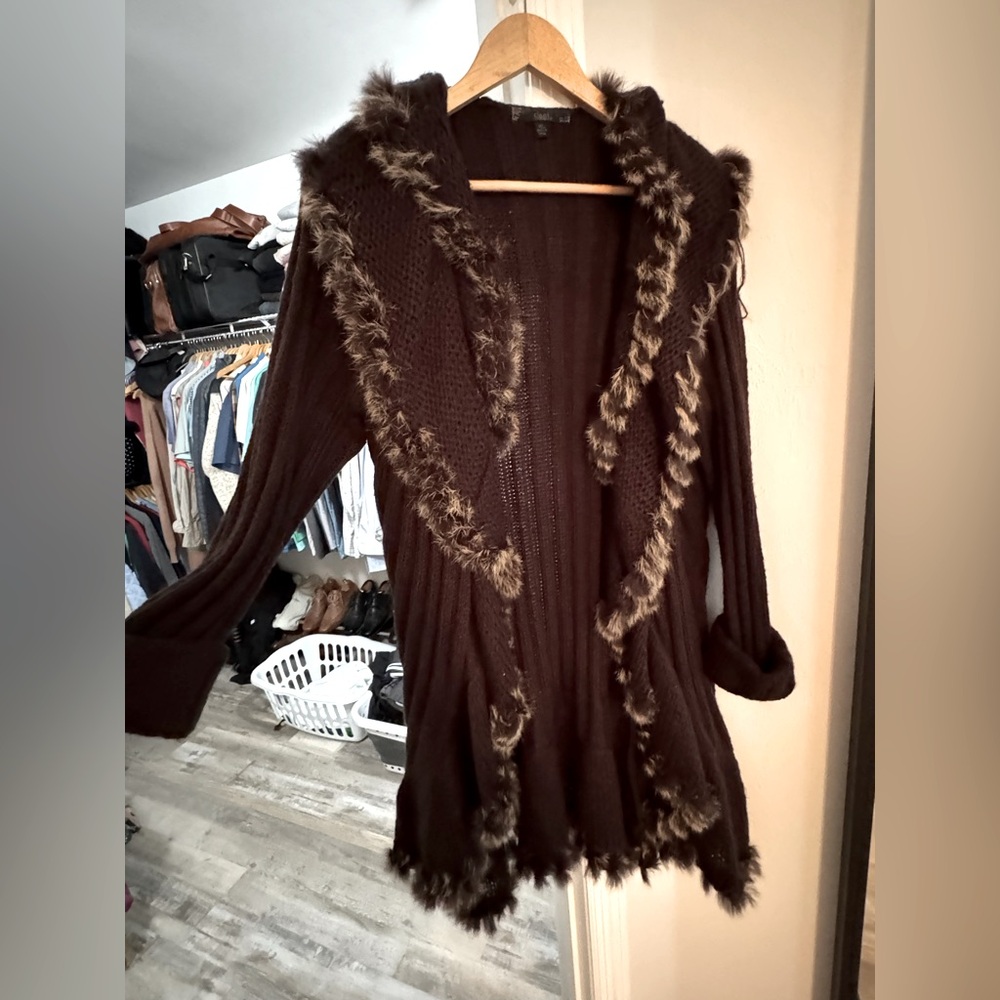 Chocolate brown sweater cardigan real fur trim